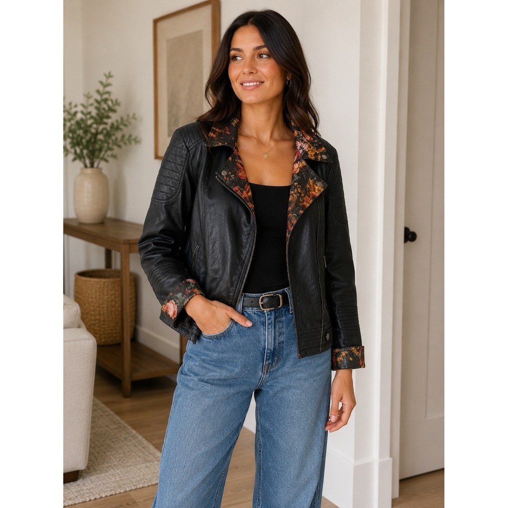 French Dressing Jeans Black Faux Leather Moto Jacket‎ with Floral Lining